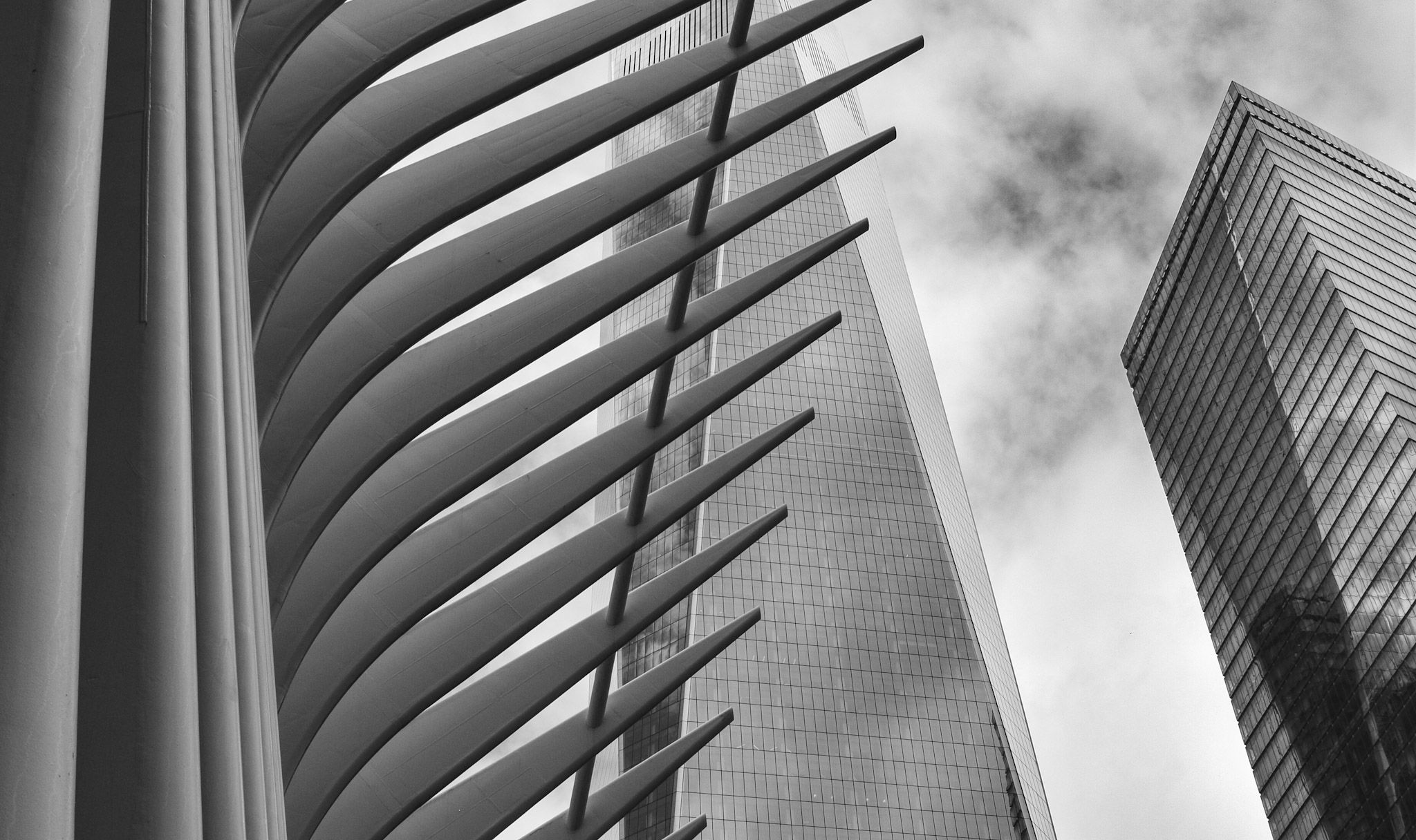 Las costillas blancas del Oculus en primer plano y dos torres de vidrio contra un cielo nublado, vistas desde abajo en blanco y negro