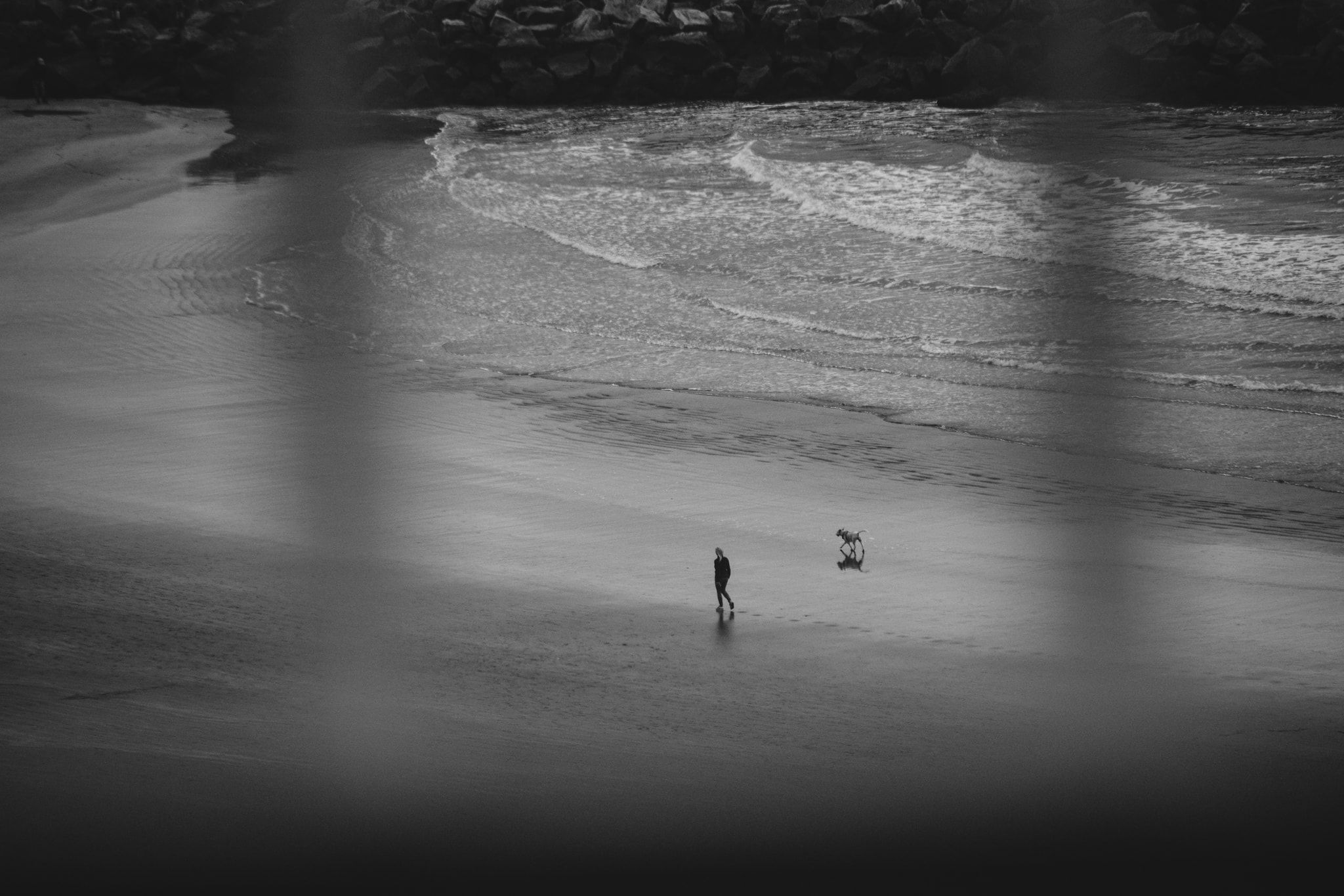 Una persona y un perro caminando por la orilla, vistos desde lo alto a través de una ventana, en blanco y negro